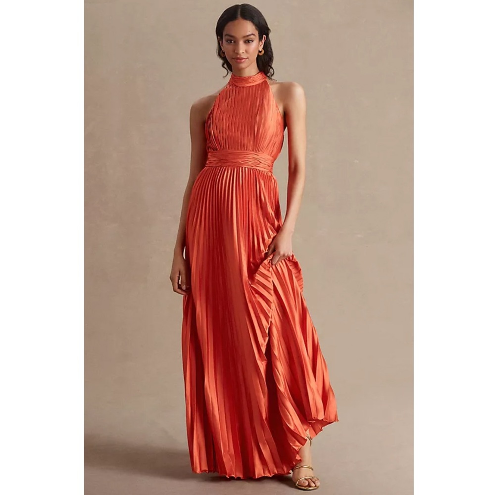 Mac Duggal Pleated High Neck Satin Sleeveless Halter Gown